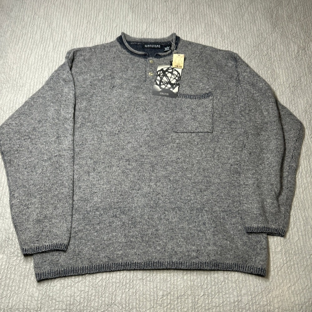 Structure Vintage Mens Gray Lambswool Rabbit Hair Henley Sweater Large NWT